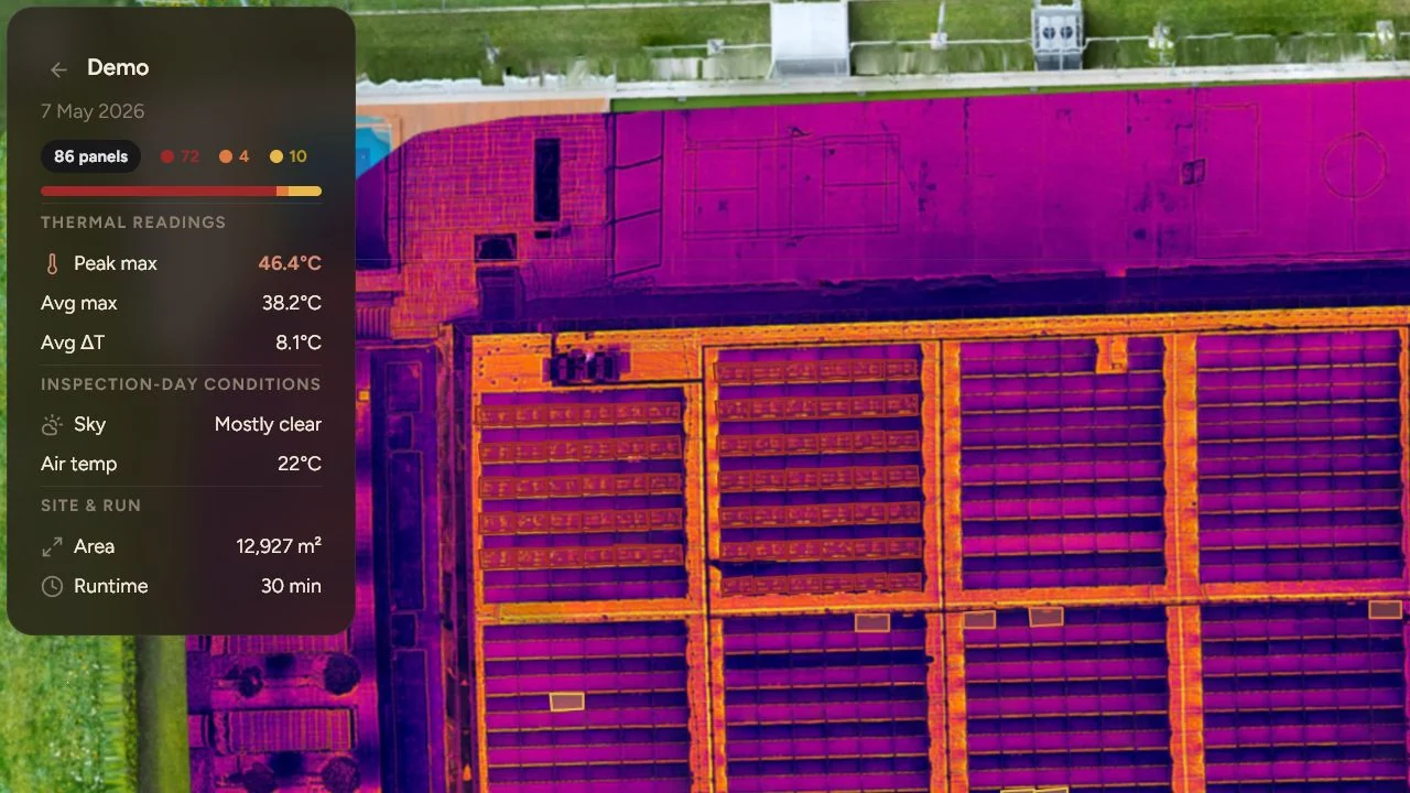 Stvarni Solar AI demo s termalnom ortofoto kartom solarne elektrane i pregledom temperaturnih nalaza