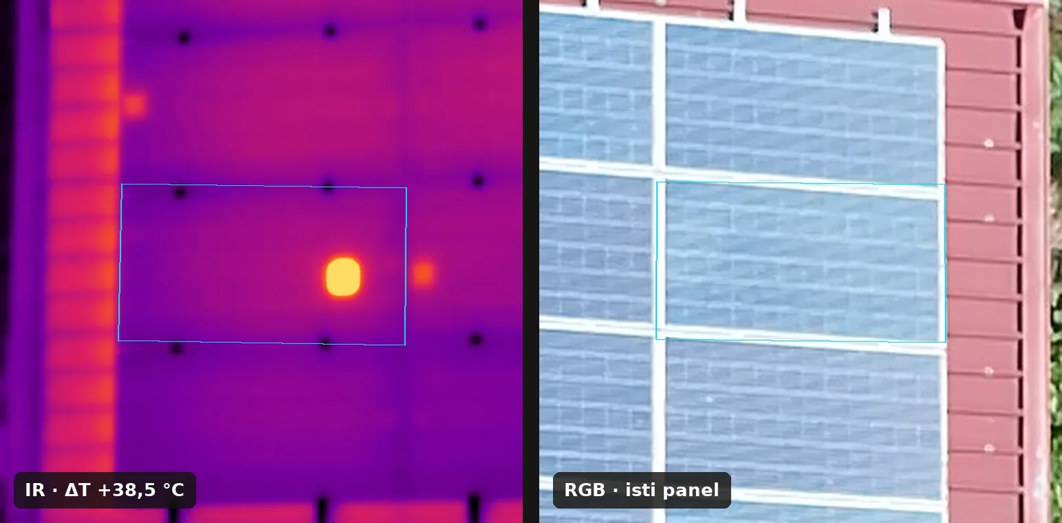 Thermal and RGB view of the same solar panel with a hotspot on a single cell