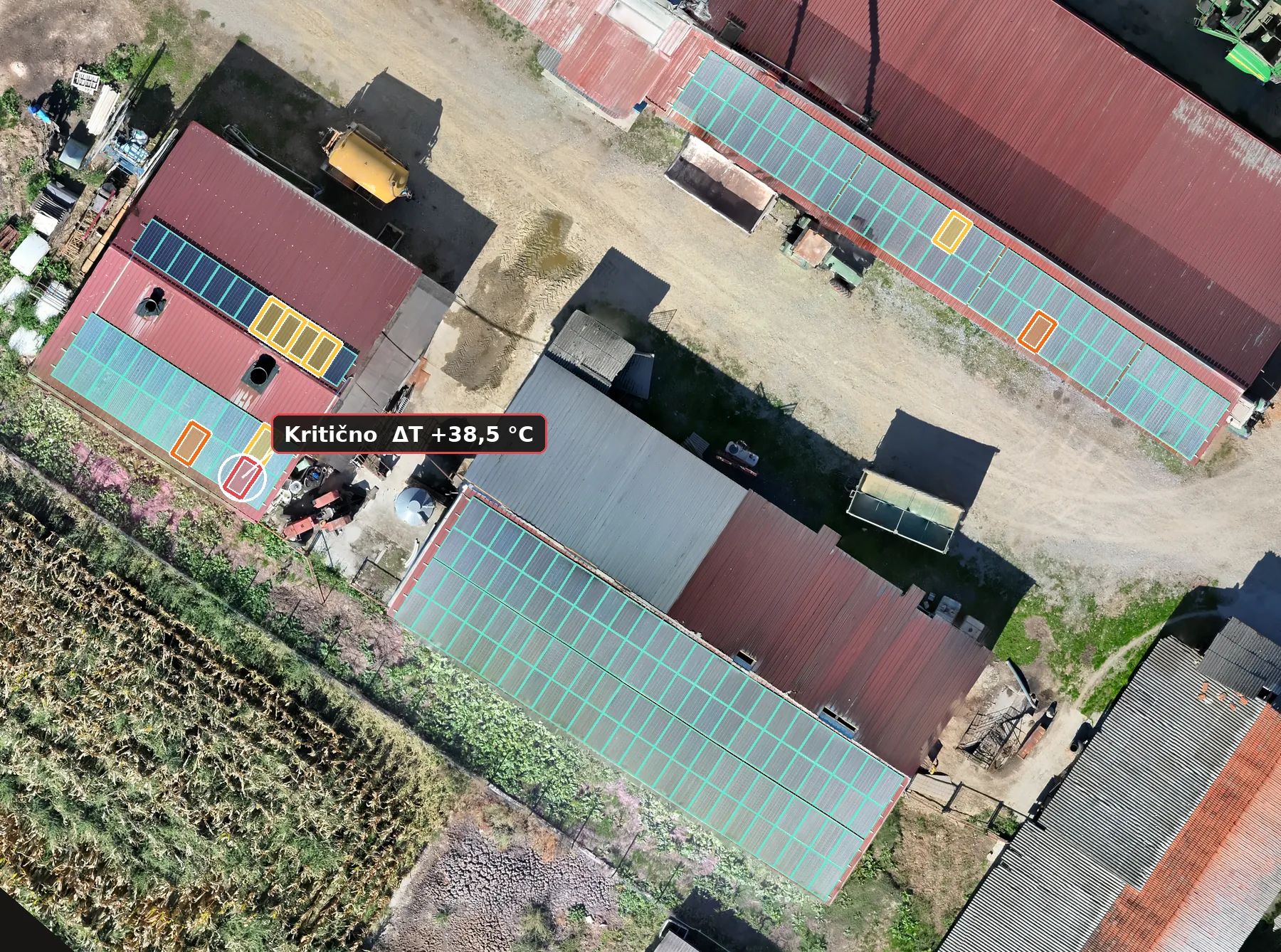 RGB orthophoto of a rooftop solar plant with AI detection of every panel