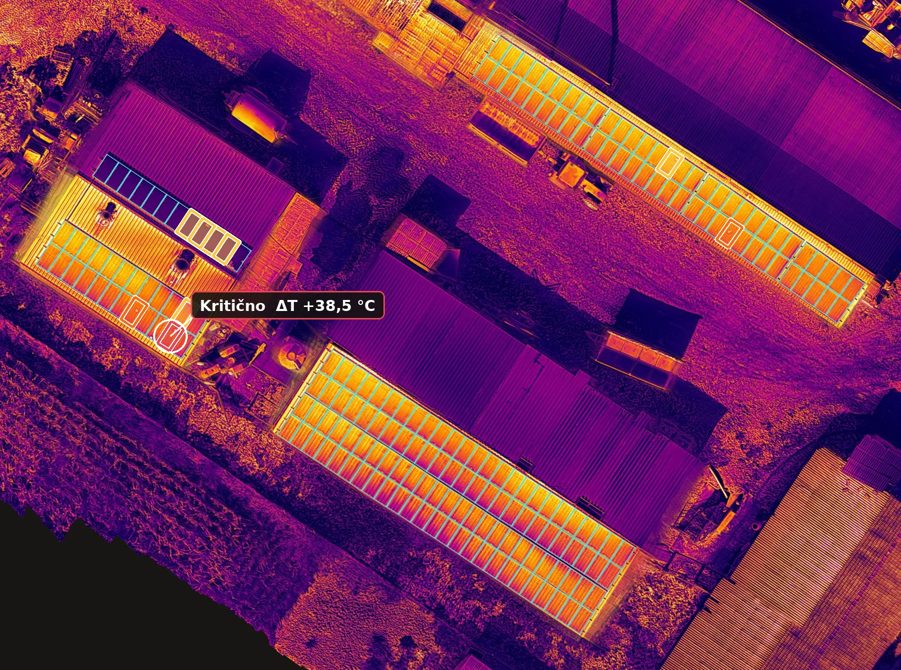 Thermal orthophoto of a rooftop solar plant with AI-marked panels and a critical finding