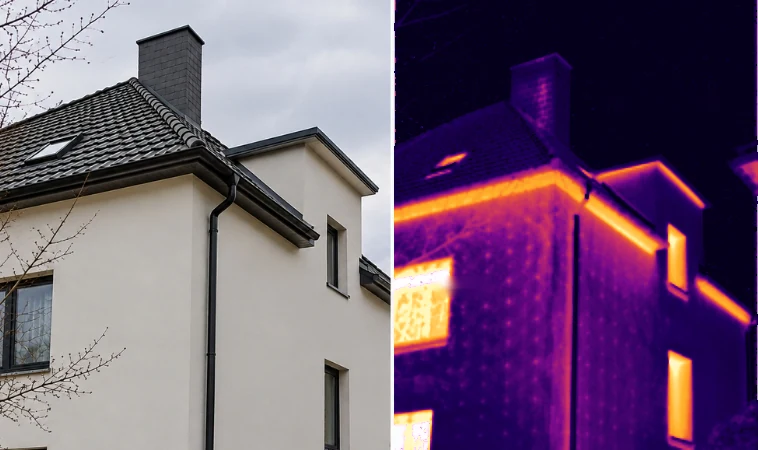 Usporedba RGB i termalne snimke fasade s toplijim prozorima i spojevima